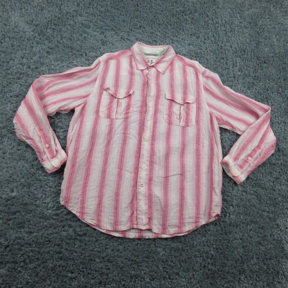 Tommy Bahama Shirt Mens Large Pink White Striped Linen Long Sleeve Relax Sample